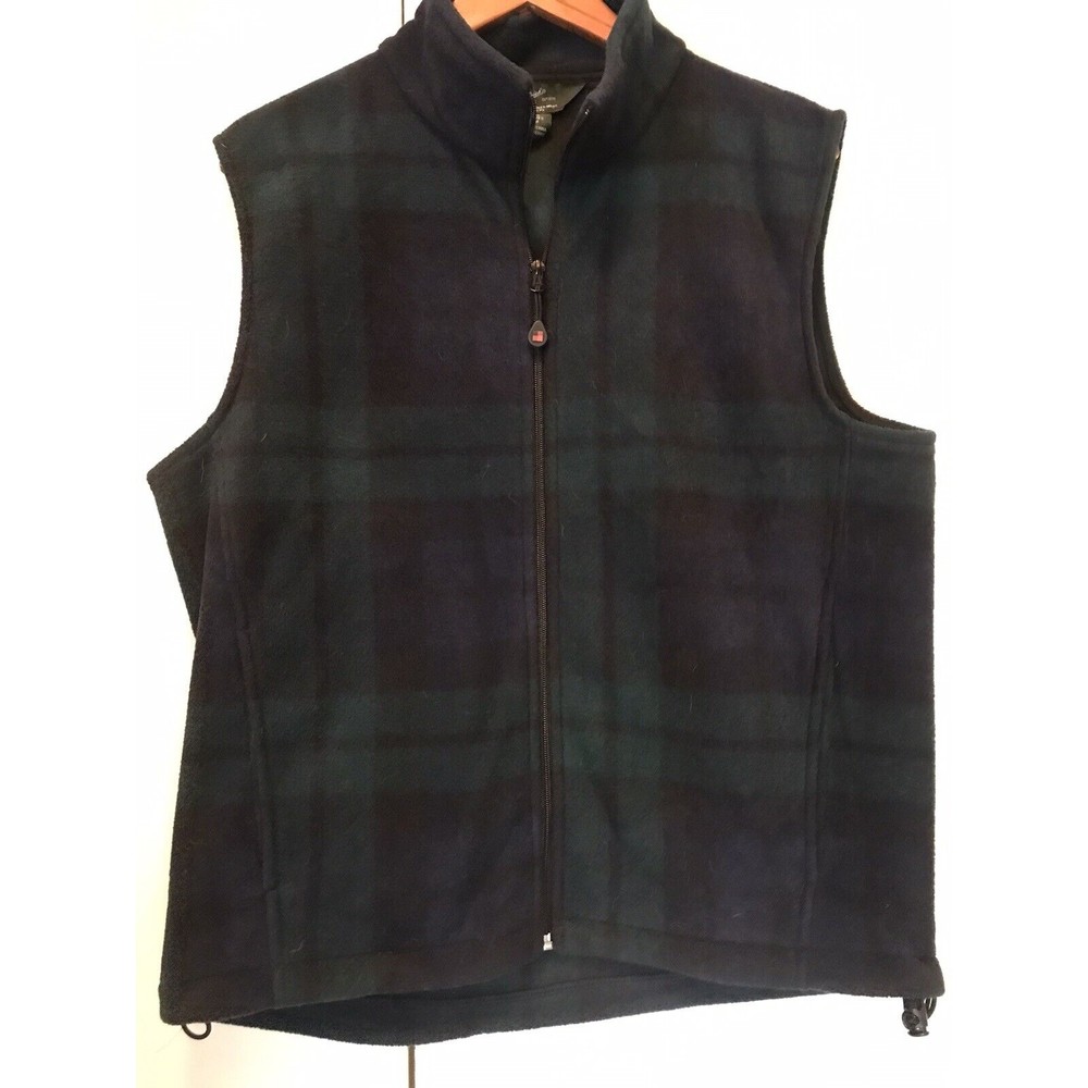 Woolrich Plaid Fleece Vest Green Gray Western Full Zip Size M